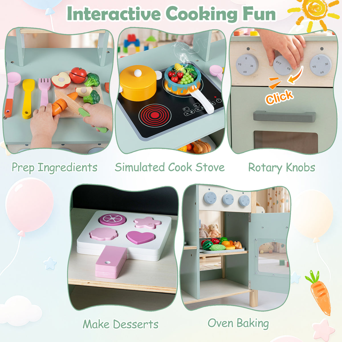 Play Kitchen for Kids, Wooden Kitchen Playset with Stoves, Oven