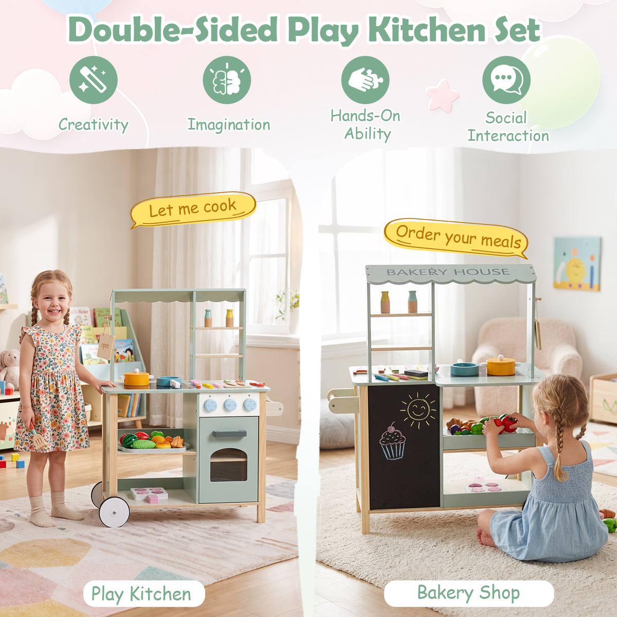 Play Kitchen for Kids, Wooden Kitchen Playset with Stoves, Oven