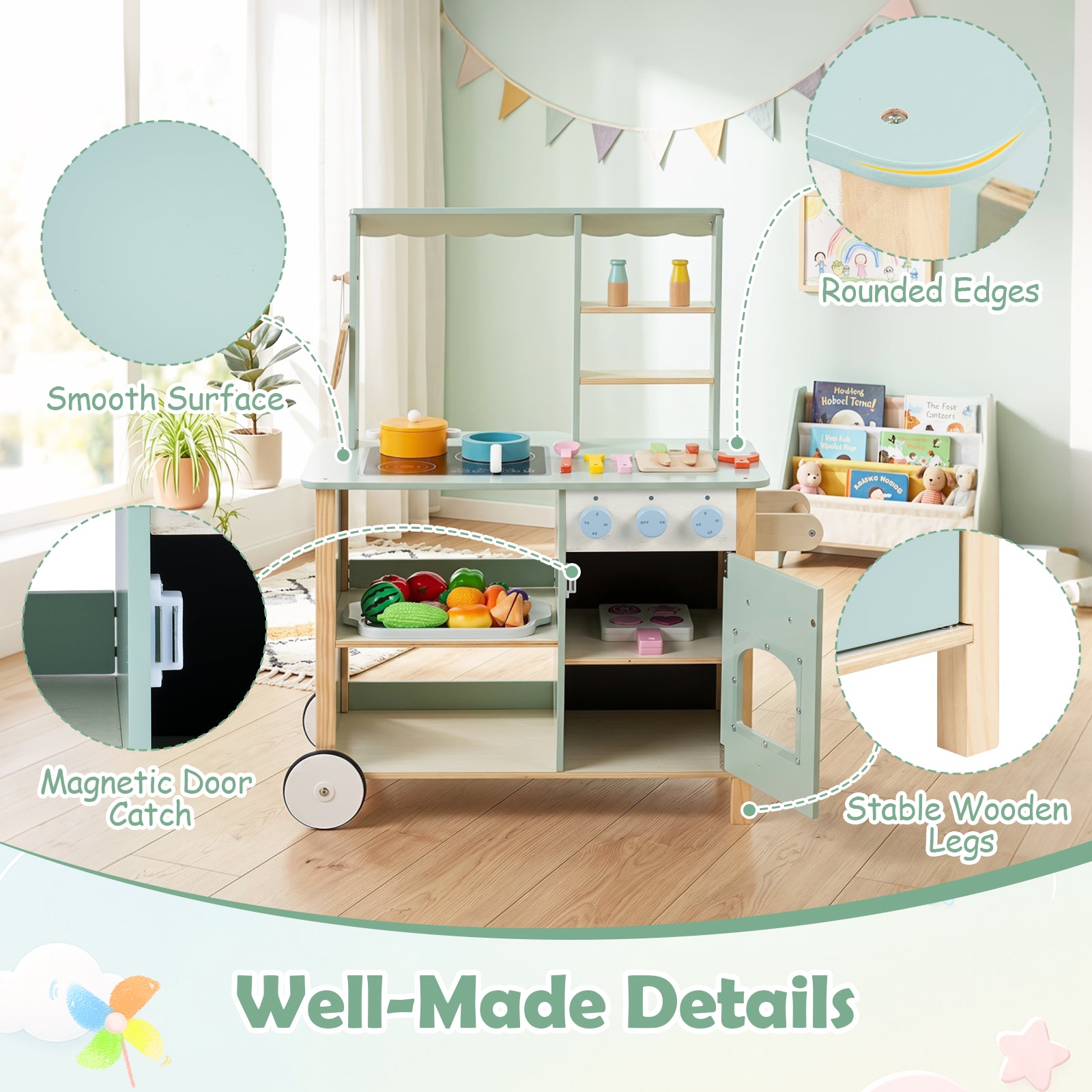 Play Kitchen for Kids, Wooden Kitchen Playset with Stoves, Oven