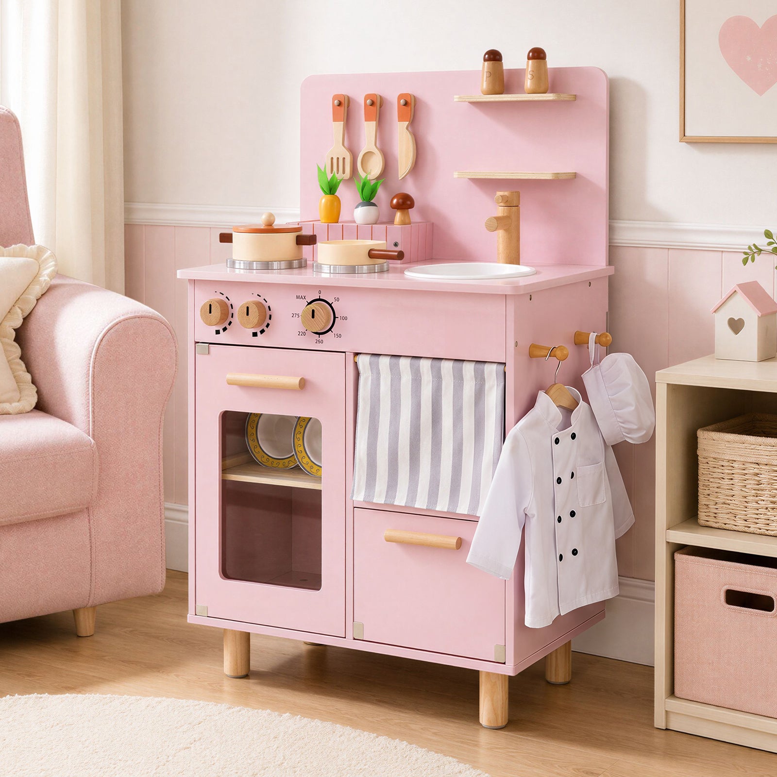 Wooden Play Kitchen for Kids, Role-Play Gift for Boys & Girls Ages 3+