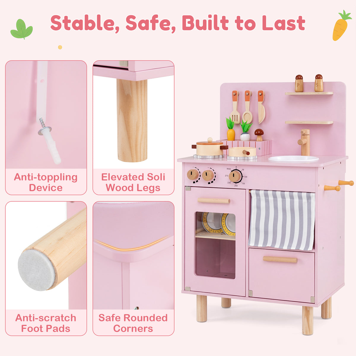Wooden Play Kitchen for Kids, Role-Play Gift for Boys & Girls Ages 3+