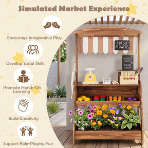 Wooden Mud Kitchen & Market Stand for Kids Outdoor, 2-in-1 Play Kitchen w/ Planter Box, 2 Chalkboards, Card Reader, Scale, 25 PCS Accessories, Montessori Backyard & Garden Toy Gift for Toddlers Age 3+