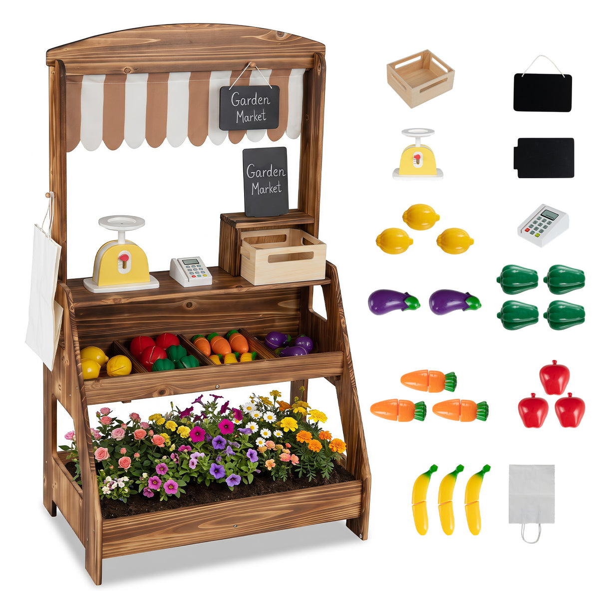 Wooden Mud Kitchen & Market Stand for Kids Outdoor, 2-in-1 Play Kitchen w/ Planter Box, 2 Chalkboards, Card Reader, Scale, 25 PCS Accessories, Montessori Backyard & Garden Toy Gift for Toddlers Age 3+