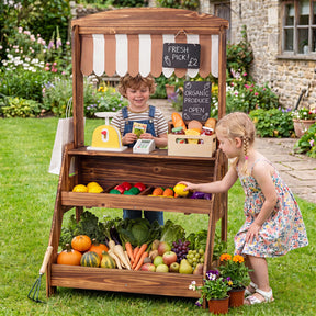 Wooden Mud Kitchen & Market Stand for Kids Outdoor, 2-in-1 Play Kitchen w/ Planter Box, 2 Chalkboards, Card Reader, Scale, 25 PCS Accessories, Montessori Backyard & Garden Toy Gift for Toddlers Age 3+