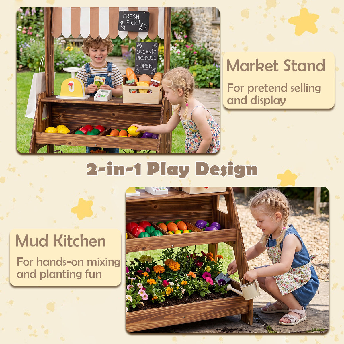 Wooden Mud Kitchen & Market Stand for Kids Outdoor, 2-in-1 Play Kitchen w/ Planter Box, 2 Chalkboards, Card Reader, Scale, 25 PCS Accessories, Montessori Backyard & Garden Toy Gift for Toddlers Age 3+