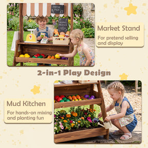 Wooden Mud Kitchen & Market Stand for Kids Outdoor, 2-in-1 Play Kitchen w/ Planter Box, 2 Chalkboards, Card Reader, Scale, 25 PCS Accessories, Montessori Backyard & Garden Toy Gift for Toddlers Age 3+