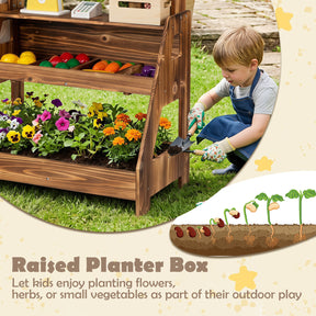 Wooden Mud Kitchen & Market Stand for Kids Outdoor, 2-in-1 Play Kitchen w/ Planter Box, 2 Chalkboards, Card Reader, Scale, 25 PCS Accessories, Montessori Backyard & Garden Toy Gift for Toddlers Age 3+