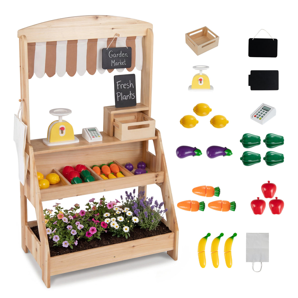 Wooden Mud Kitchen & Market Stand for Kids Outdoor, 2-in-1 Play Kitchen w/ Planter Box, 2 Chalkboards, Card Reader, Scale, 25 PCS Accessories, Montessori Backyard & Garden Toy Gift for Toddlers Age 3+