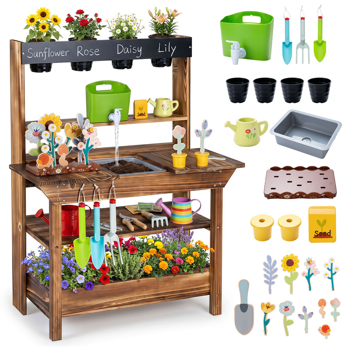 Outdoor Wood Mud Kitchen for Kids, Kids Potting Bench w/ Water Faucet, Sink, Planter, Seeding Pots, Chalkboard, Gardening Tools, Flower Toys, Sensory Kitchen Playset for Children Age 3+
