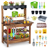 Outdoor Wood Mud Kitchen for Kids, Kids Potting Bench w/ Water Faucet, Sink, Planter, Seeding Pots, Chalkboard, Gardening Tools, Flower Toys, Sensory Kitchen Playset for Children Age 3+