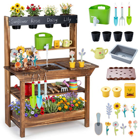 Outdoor Wood Mud Kitchen for Kids, Kids Potting Bench w/ Water Faucet, Sink, Planter, Seeding Pots, Chalkboard, Gardening Tools, Flower Toys, Sensory Kitchen Playset for Children Age 3+
