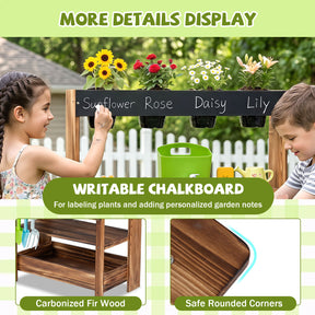 Outdoor Wood Mud Kitchen for Kids, Kids Potting Bench w/ Water Faucet, Sink, Planter, Seeding Pots, Chalkboard, Gardening Tools, Flower Toys, Sensory Kitchen Playset for Children Age 3+