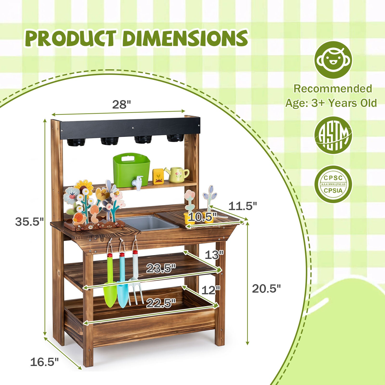 Outdoor Wood Mud Kitchen for Kids, Kids Potting Bench w/ Water Faucet, Sink, Planter, Seeding Pots, Chalkboard, Gardening Tools, Flower Toys, Sensory Kitchen Playset for Children Age 3+