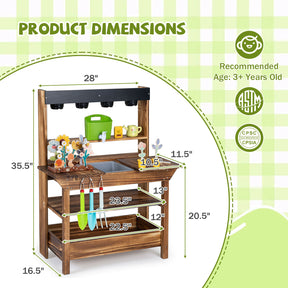 Outdoor Wood Mud Kitchen for Kids, Kids Potting Bench w/ Water Faucet, Sink, Planter, Seeding Pots, Chalkboard, Gardening Tools, Flower Toys, Sensory Kitchen Playset for Children Age 3+