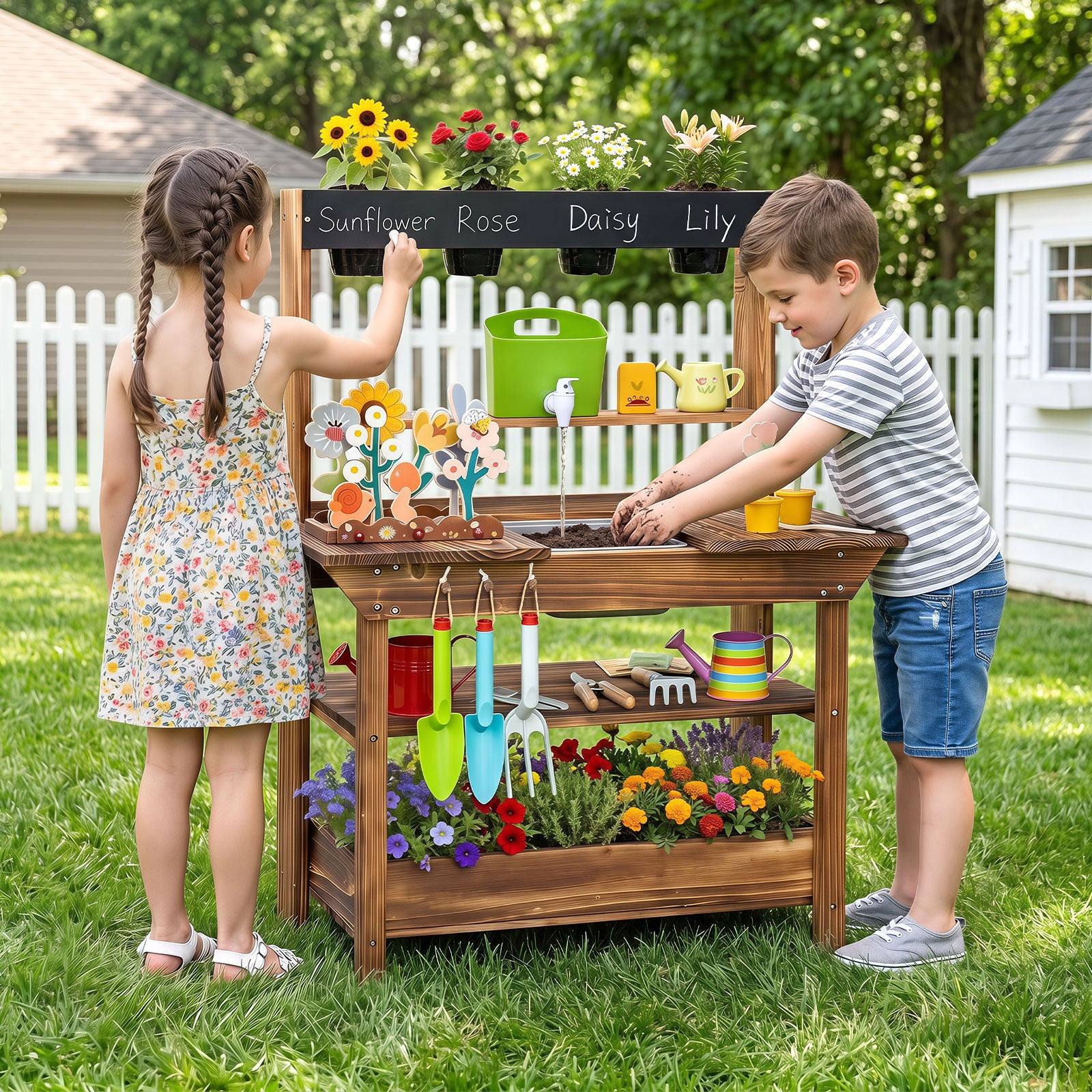 Outdoor Wood Mud Kitchen for Kids, Kids Potting Bench w/ Water Faucet, Sink, Planter, Seeding Pots, Chalkboard, Gardening Tools, Flower Toys, Sensory Kitchen Playset for Children Age 3+
