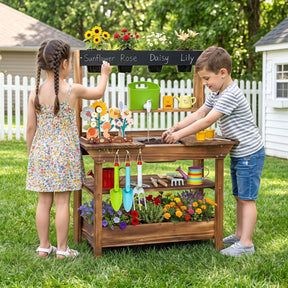 Outdoor Wood Mud Kitchen for Kids, Kids Potting Bench w/ Water Faucet, Sink, Planter, Seeding Pots, Chalkboard, Gardening Tools, Flower Toys, Sensory Kitchen Playset for Children Age 3+