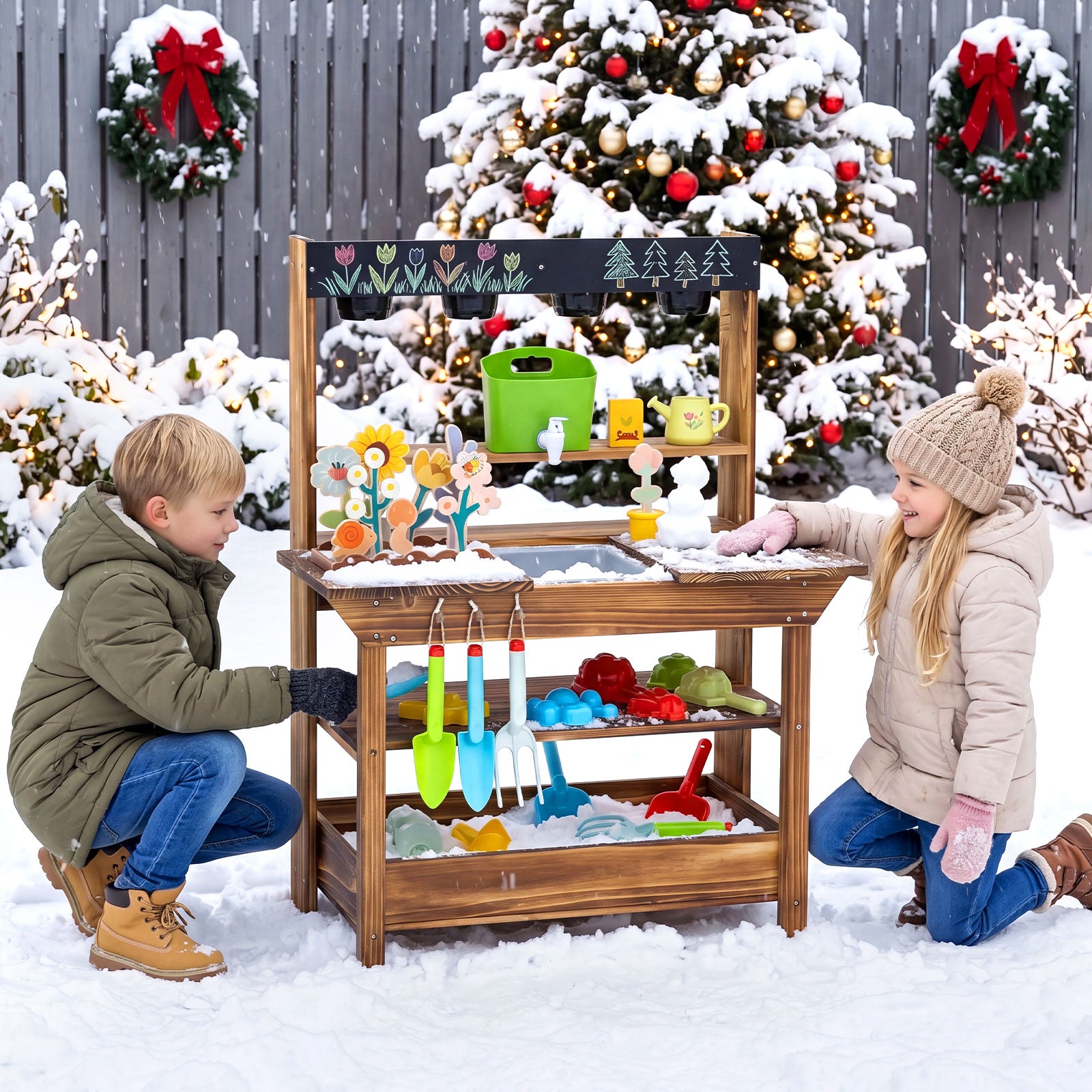 Outdoor Wood Mud Kitchen for Kids, Kids Potting Bench w/ Water Faucet, Sink, Planter, Seeding Pots, Chalkboard, Gardening Tools, Flower Toys, Sensory Kitchen Playset for Children Age 3+