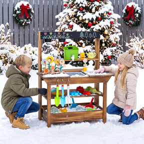 Outdoor Wood Mud Kitchen for Kids, Kids Potting Bench w/ Water Faucet, Sink, Planter, Seeding Pots, Chalkboard, Gardening Tools, Flower Toys, Sensory Kitchen Playset for Children Age 3+