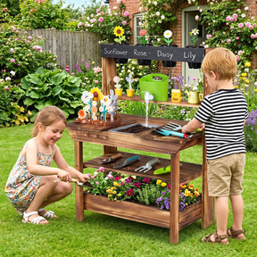 Outdoor Wood Mud Kitchen for Kids, Kids Potting Bench w/ Water Faucet, Sink, Planter, Seeding Pots, Chalkboard, Gardening Tools, Flower Toys, Sensory Kitchen Playset for Children Age 3+