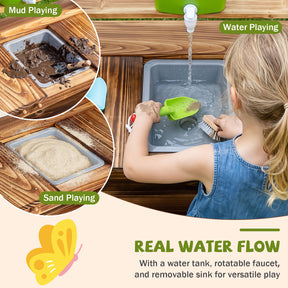 Outdoor Wood Mud Kitchen for Kids, Kids Potting Bench w/ Water Faucet, Sink, Planter, Seeding Pots, Chalkboard, Gardening Tools, Flower Toys, Sensory Kitchen Playset for Children Age 3+