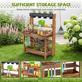 Outdoor Wood Mud Kitchen for Kids, Kids Potting Bench w/ Water Faucet, Sink, Planter, Seeding Pots, Chalkboard, Gardening Tools, Flower Toys, Sensory Kitchen Playset for Children Age 3+