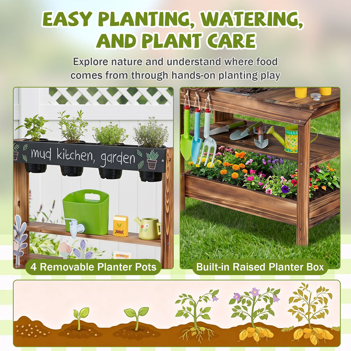 Outdoor Wood Mud Kitchen for Kids, Kids Potting Bench w/ Water Faucet, Sink, Planter, Seeding Pots, Chalkboard, Gardening Tools, Flower Toys, Sensory Kitchen Playset for Children Age 3+