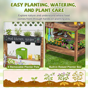 Outdoor Wood Mud Kitchen for Kids, Kids Potting Bench w/ Water Faucet, Sink, Planter, Seeding Pots, Chalkboard, Gardening Tools, Flower Toys, Sensory Kitchen Playset for Children Age 3+