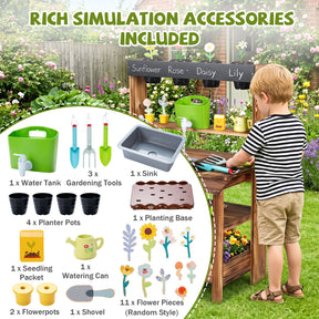 Outdoor Wood Mud Kitchen for Kids, Kids Potting Bench w/ Water Faucet, Sink, Planter, Seeding Pots, Chalkboard, Gardening Tools, Flower Toys, Sensory Kitchen Playset for Children Age 3+
