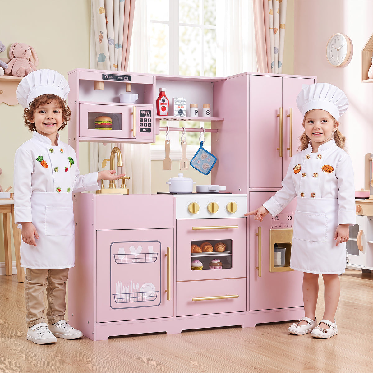 Wooden Play Kitchen for Kids w/ Realistic Lights & Sounds