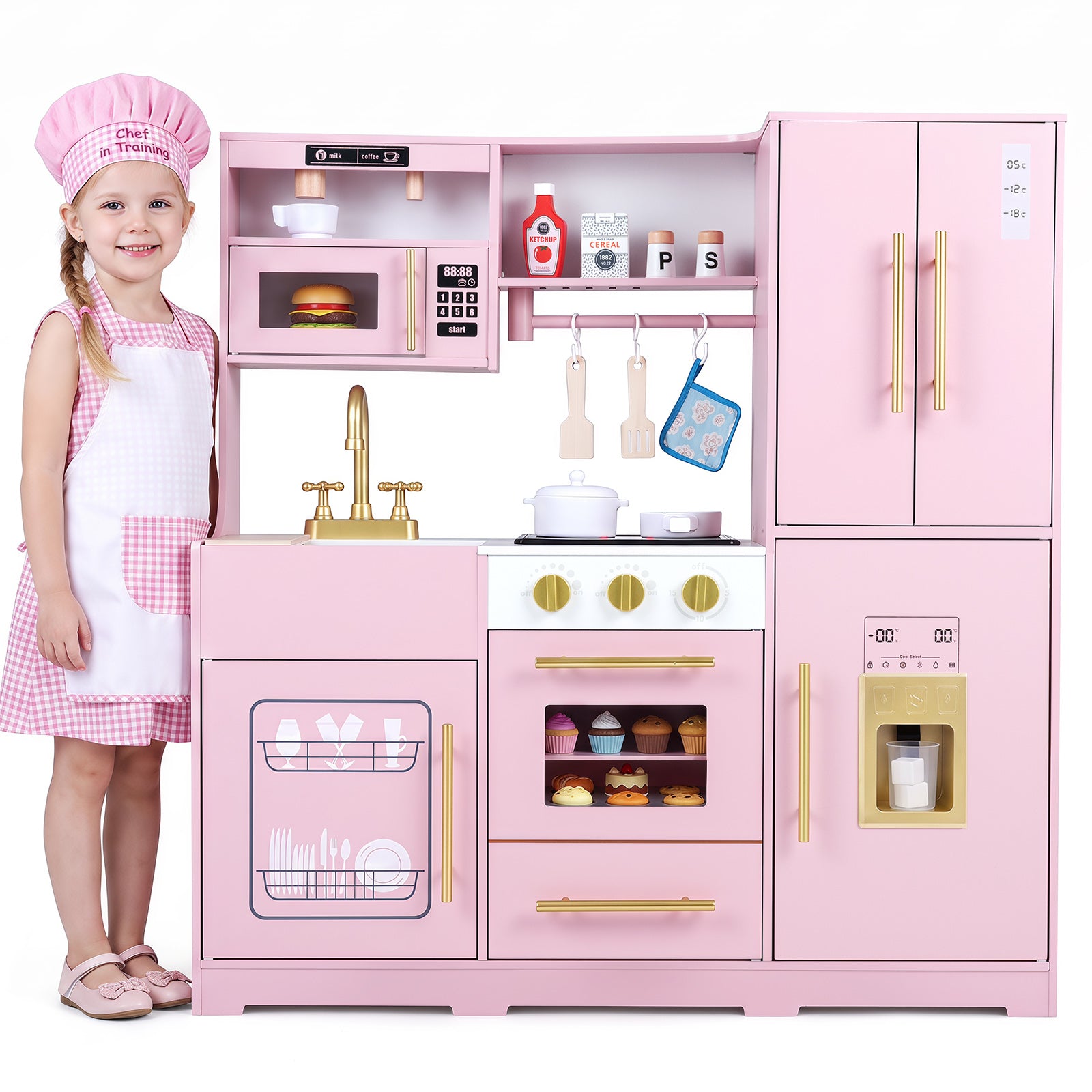 Wooden Play Kitchen for Kids w/ Realistic Lights & Sounds