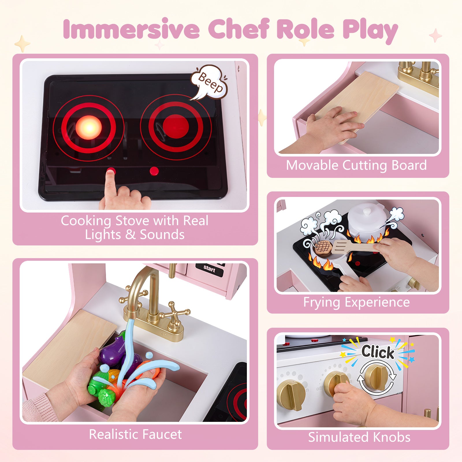 Wooden Play Kitchen for Kids w/ Realistic Lights & Sounds