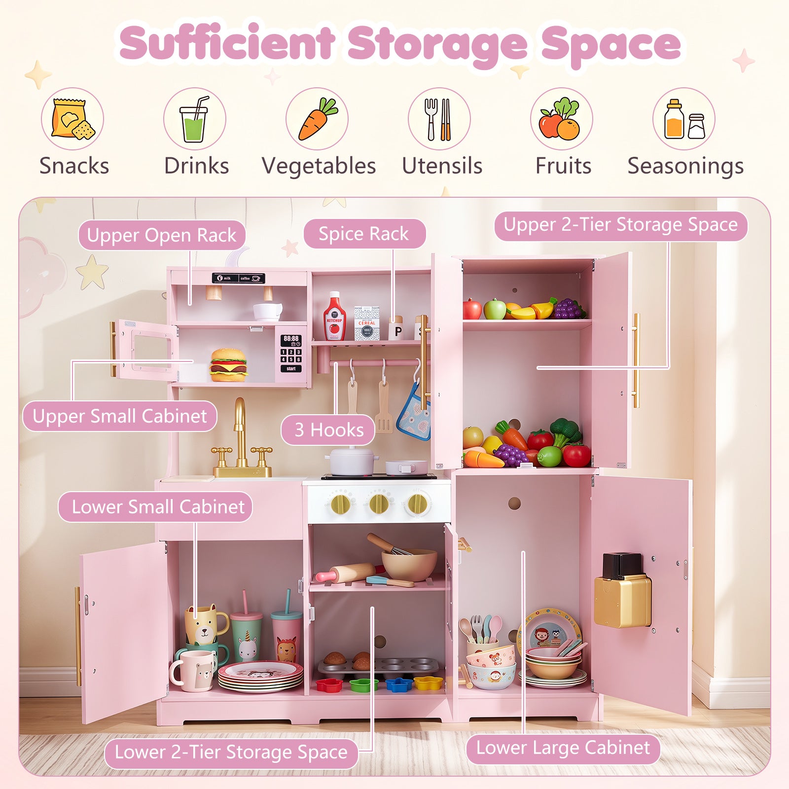 Wooden Play Kitchen for Kids w/ Realistic Lights & Sounds