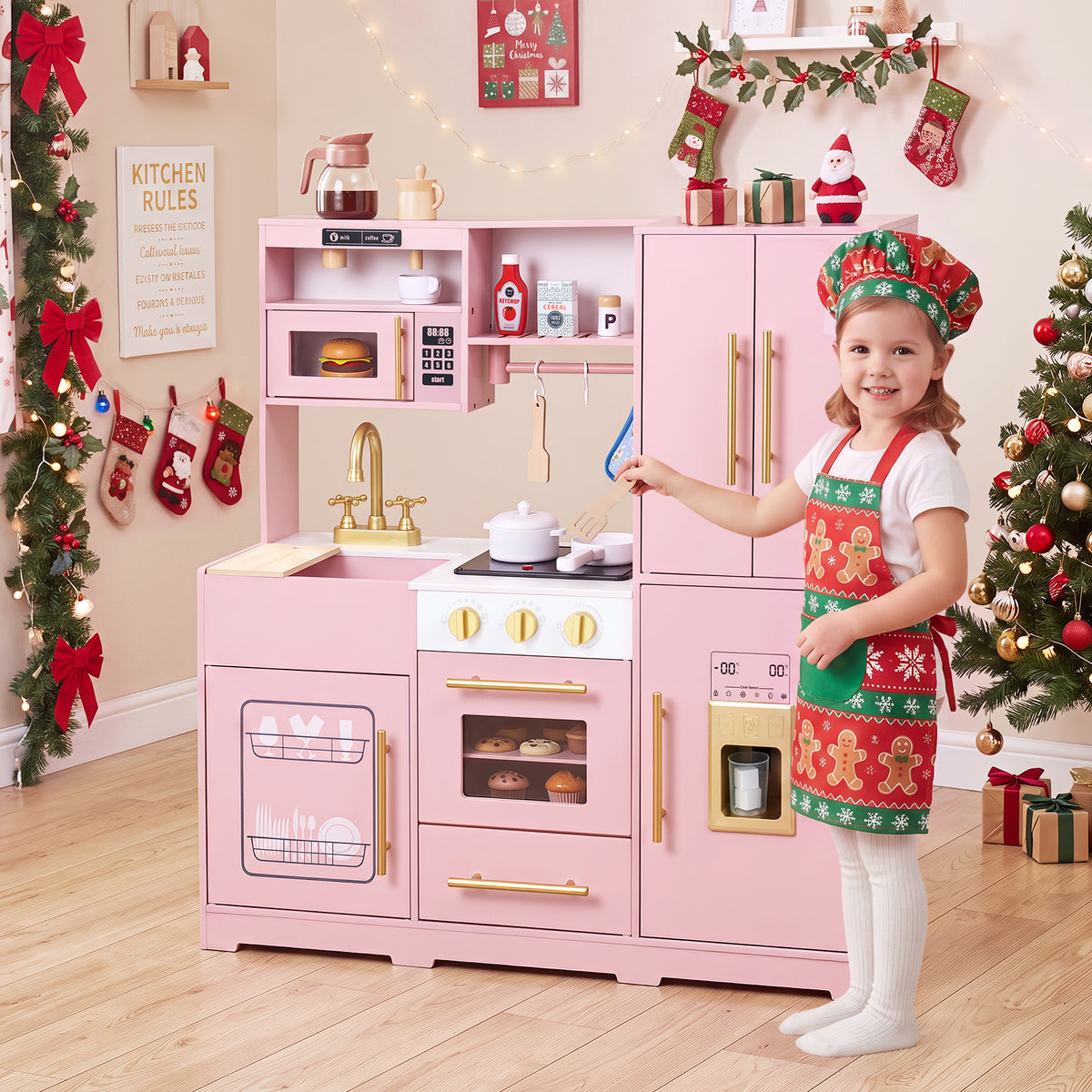 Wooden Play Kitchen for Kids w/ Realistic Lights & Sounds