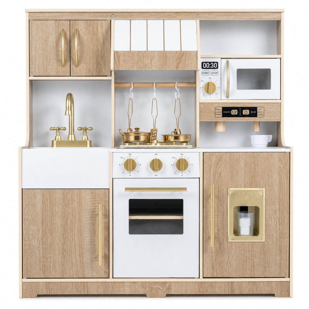 Wooden Play Kitchen for Kids Toddlers w/ Realistic Lights & Sounds, Storage