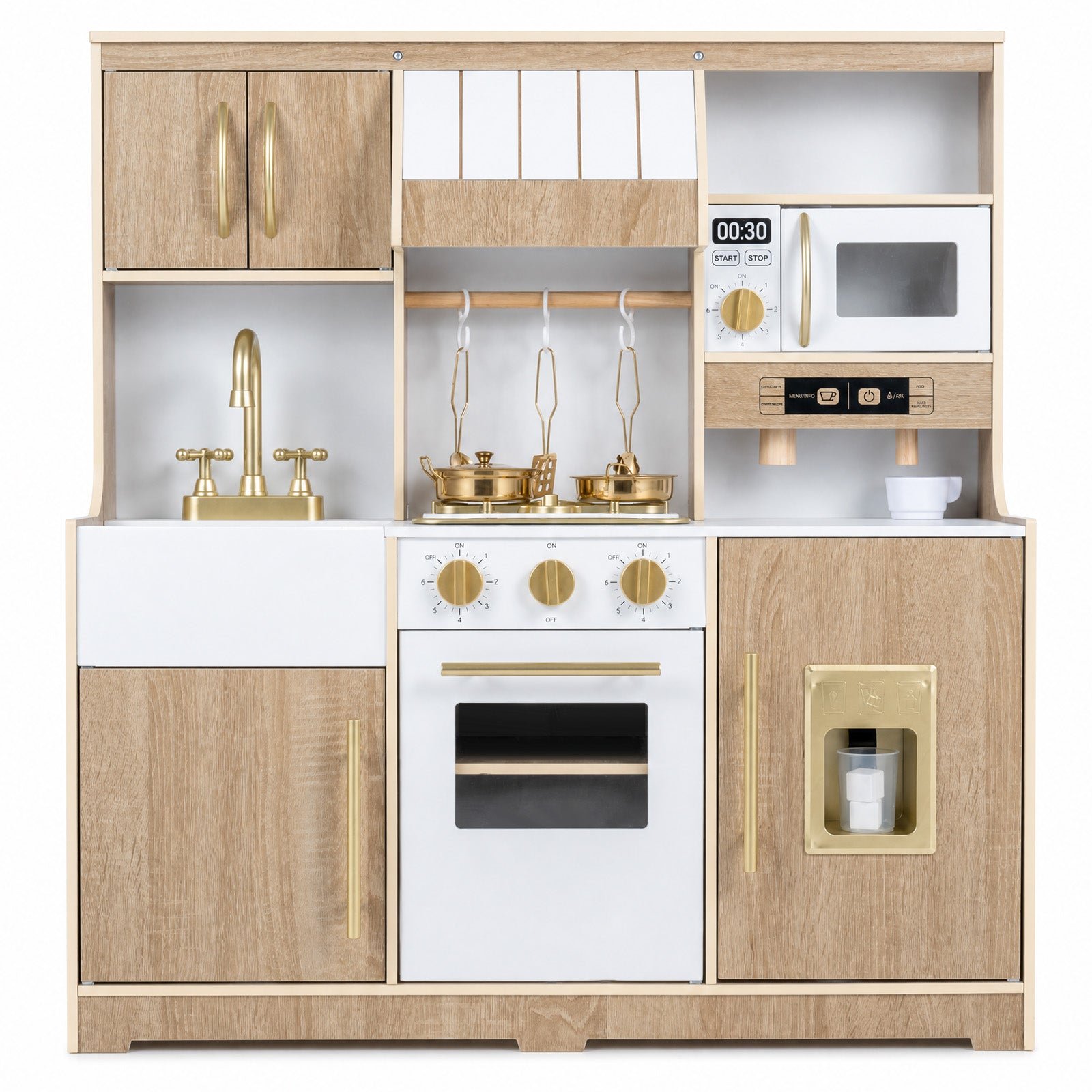 Wooden Play Kitchen for Kids Toddlers w/ Realistic Lights & Sounds, Storage