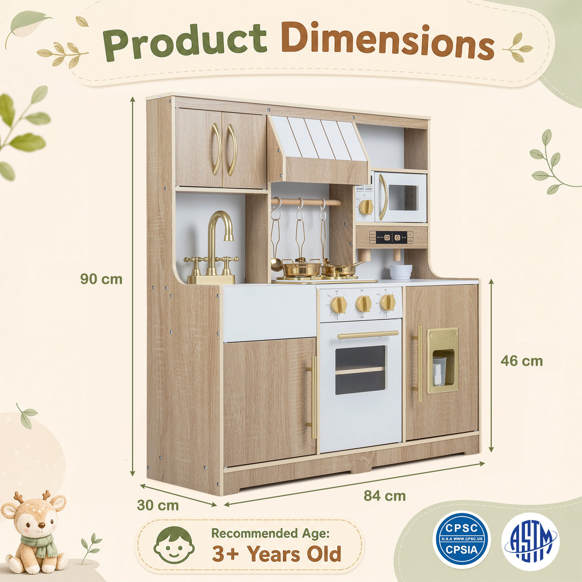 Wooden Play Kitchen for Kids Toddlers w/ Realistic Lights & Sounds, Storage