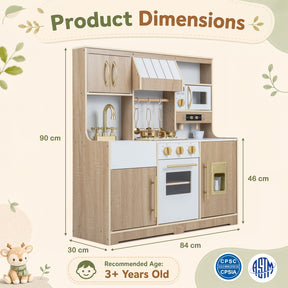 Wooden Play Kitchen for Kids Toddlers w/ Realistic Lights & Sounds, Storage