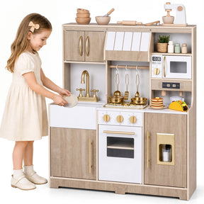 Wooden Play Kitchen for Kids Toddlers w/ Realistic Lights & Sounds, Storage