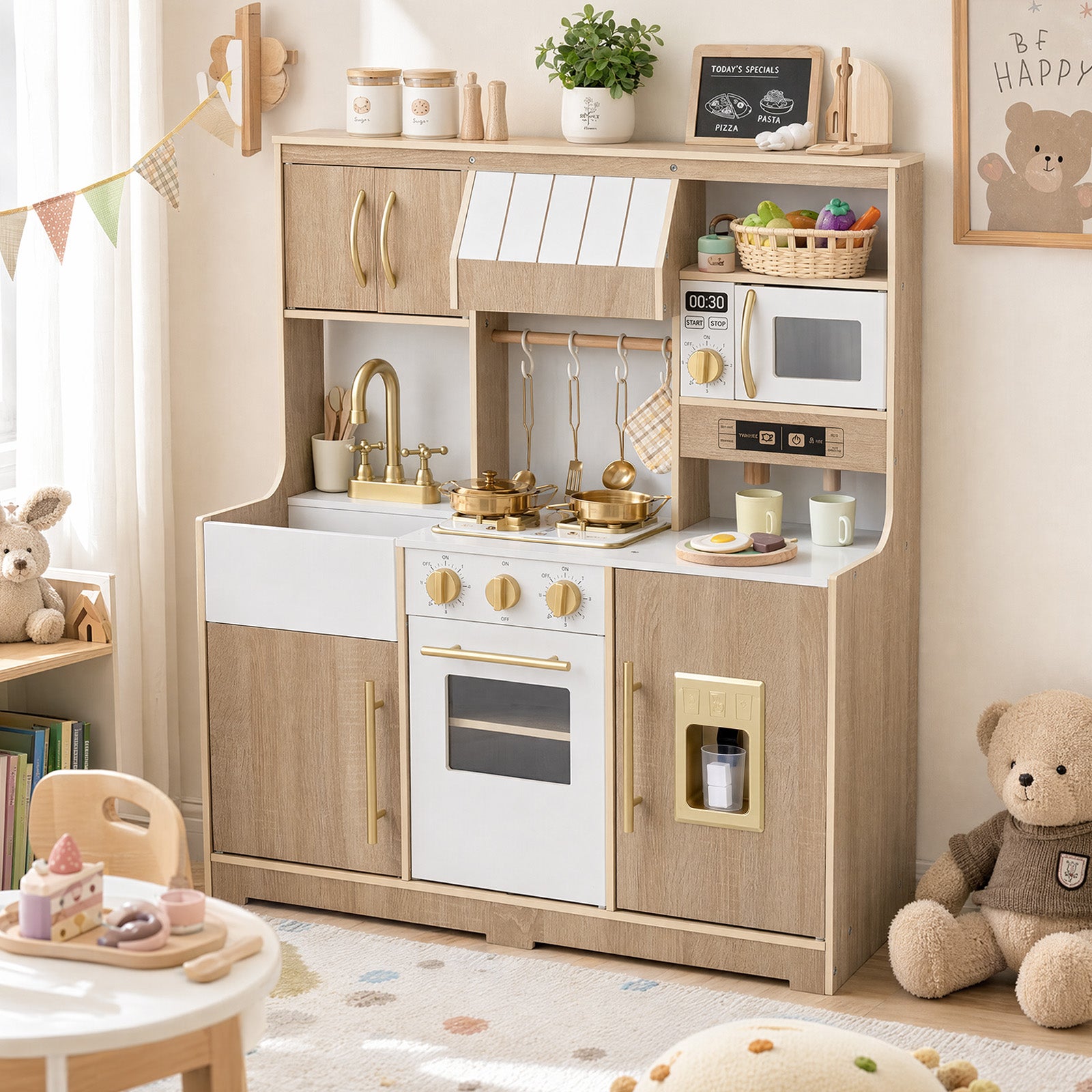 Wooden Play Kitchen for Kids Toddlers w/ Realistic Lights & Sounds, Storage