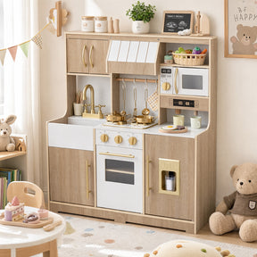 Wooden Play Kitchen for Kids Toddlers w/ Realistic Lights & Sounds, Storage