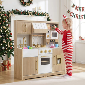 Wooden Play Kitchen for Kids Toddlers w/ Realistic Lights & Sounds, Storage
