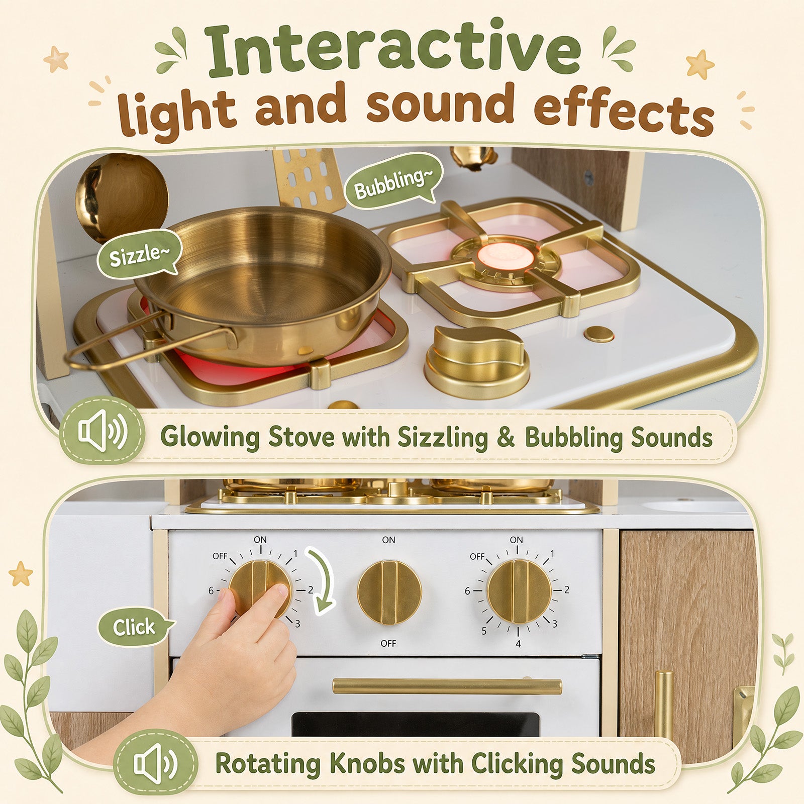 Wooden Play Kitchen for Kids Toddlers w/ Realistic Lights & Sounds, Storage