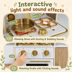 Wooden Play Kitchen for Kids Toddlers w/ Realistic Lights & Sounds, Storage