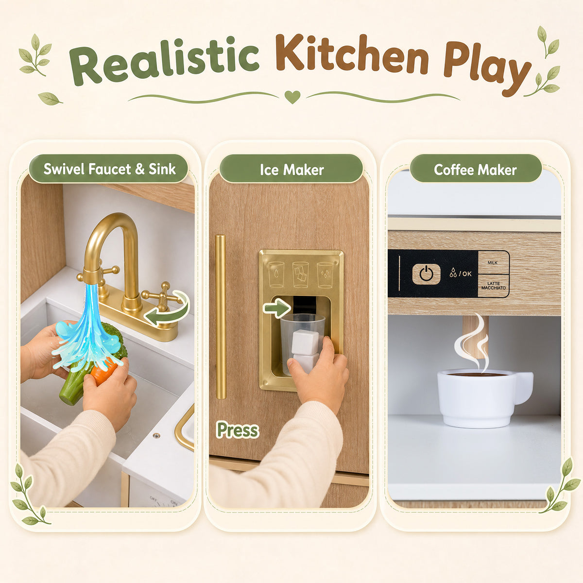 Wooden Play Kitchen for Kids Toddlers w/ Realistic Lights & Sounds, Storage