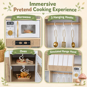 Wooden Play Kitchen for Kids Toddlers w/ Realistic Lights & Sounds, Storage
