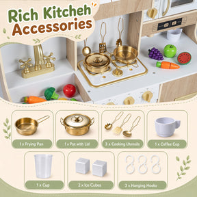 Wooden Play Kitchen for Kids Toddlers w/ Realistic Lights & Sounds, Storage