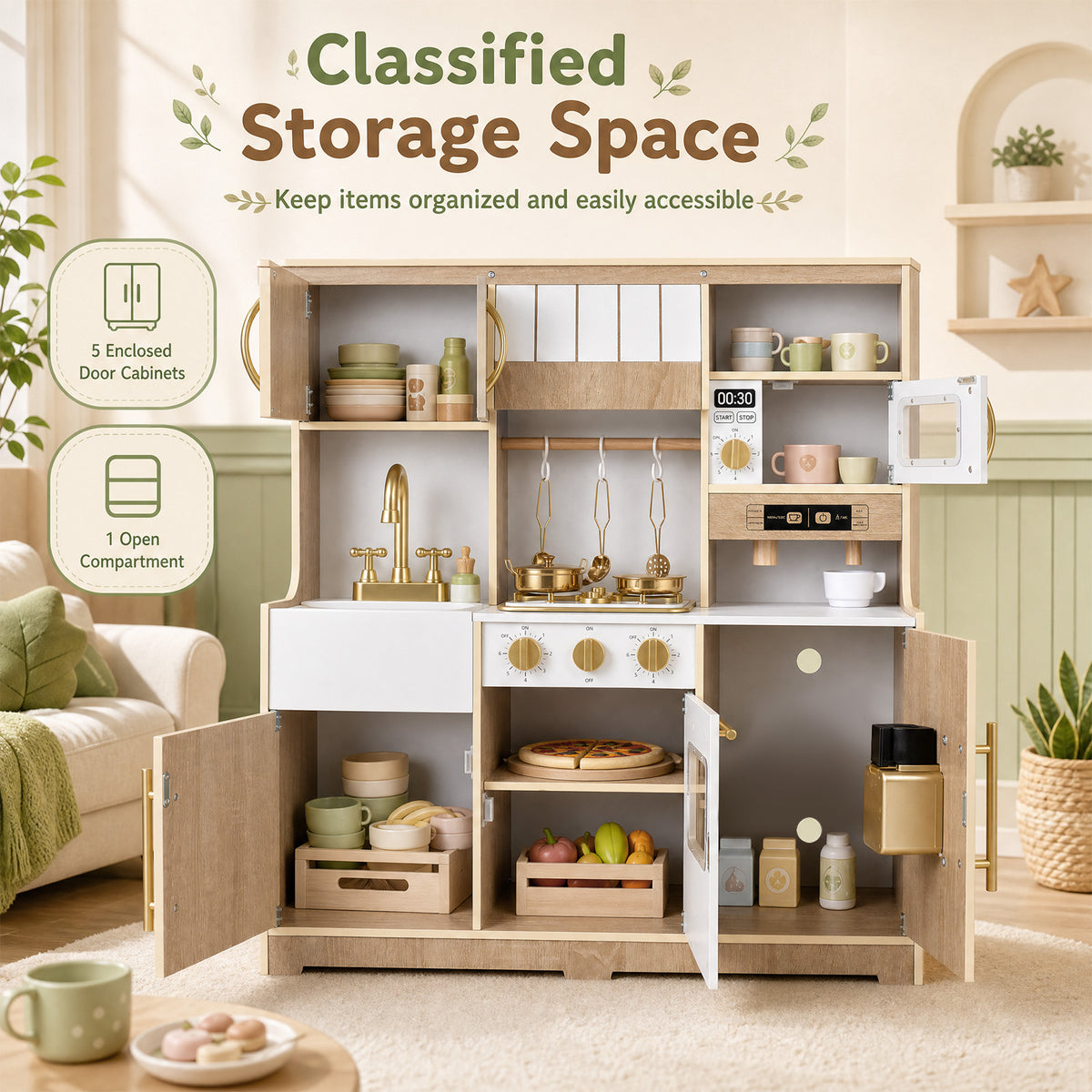 Wooden Play Kitchen for Kids Toddlers w/ Realistic Lights & Sounds, Storage
