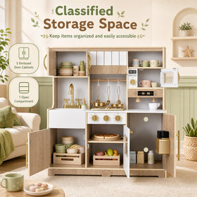 Wooden Play Kitchen for Kids Toddlers w/ Realistic Lights & Sounds, Storage