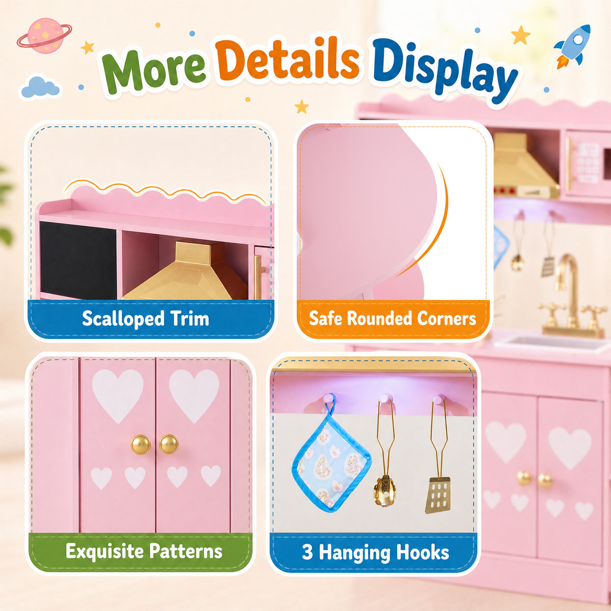 Wooden Play Kitchen for Kids Toddlers w/ Real Lights & Sounds, Storage