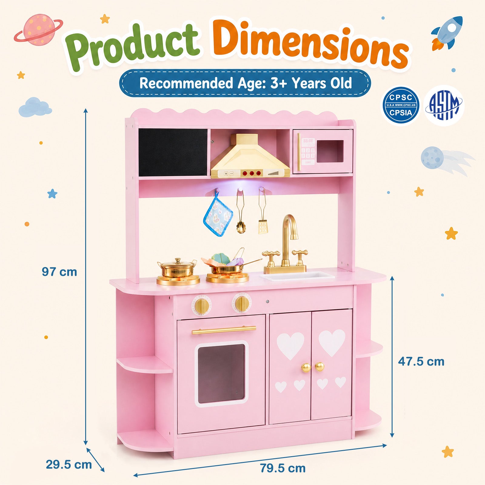 Wooden Play Kitchen for Kids Toddlers w/ Real Lights & Sounds, Storage